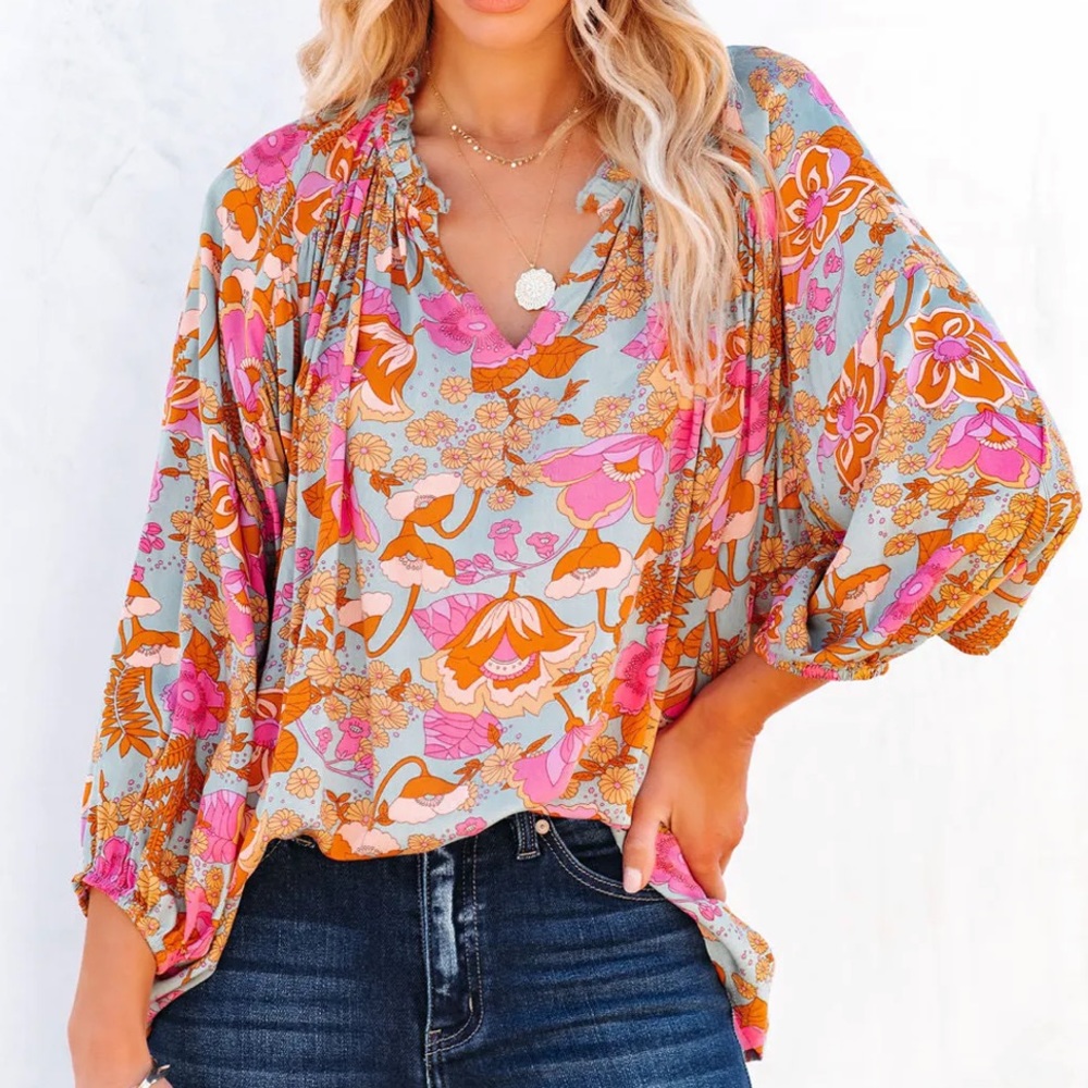 Groovy 70’s inspired GRETA FLORAL PEASANT TOP - SAGE Vici